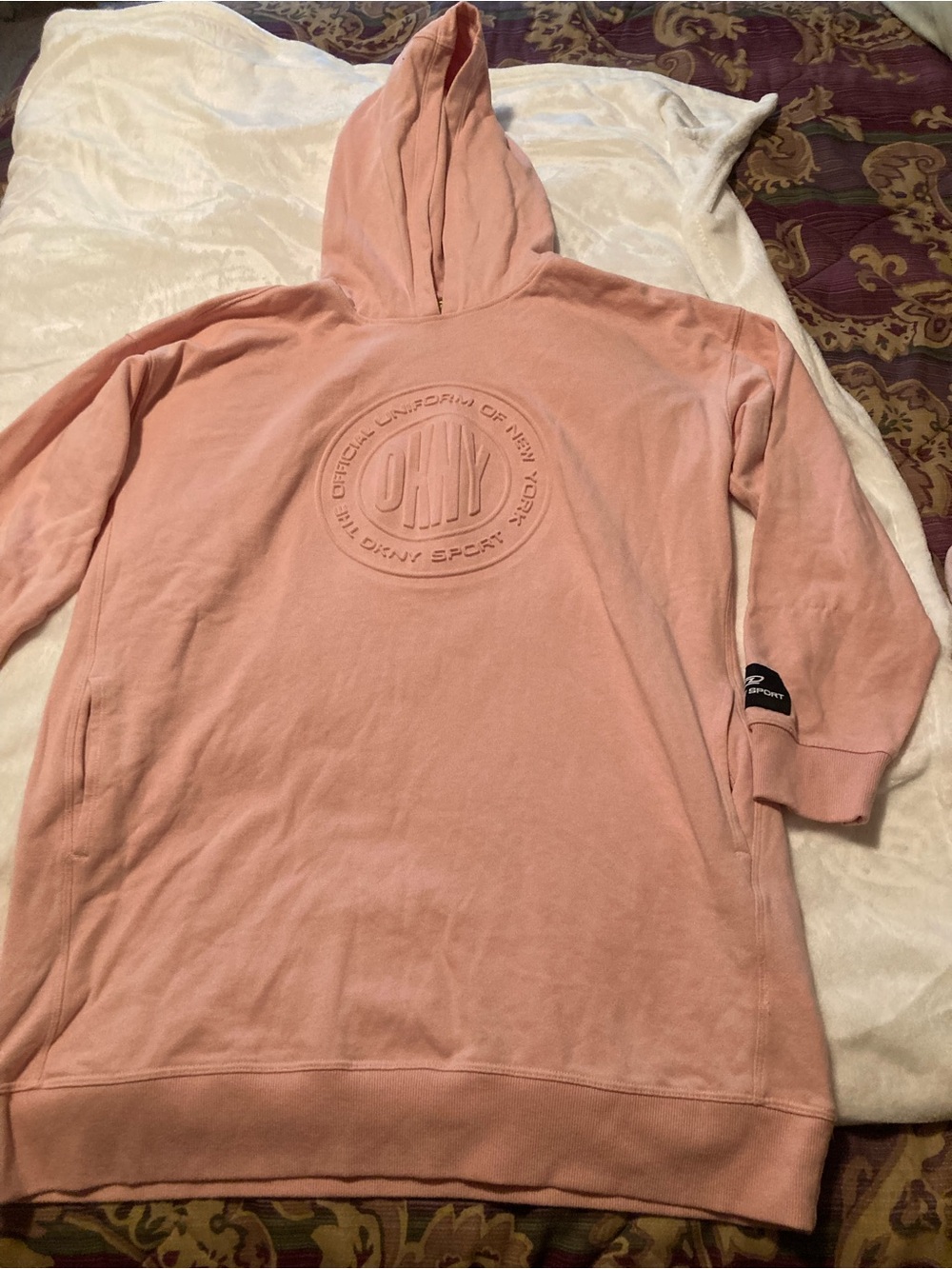 DKNY Dusty Rose Embossed Logo Hoodie with side pockets